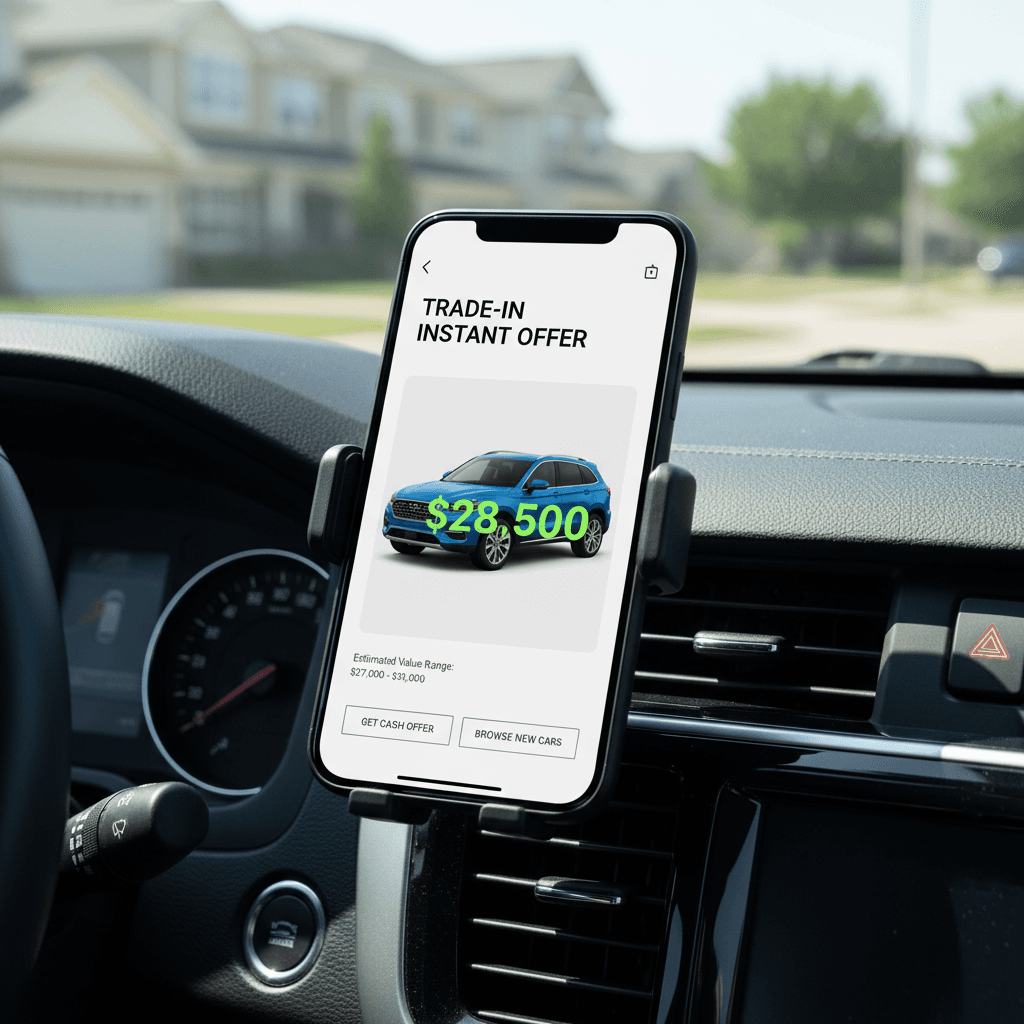 Smartphone showing car trade-in value app on a vehicle dashboard