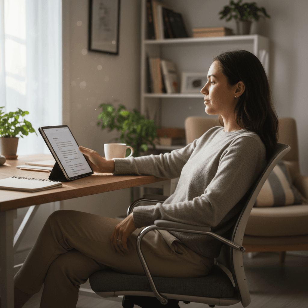 Person reviewing car options at home in a calm, pressure-free setting