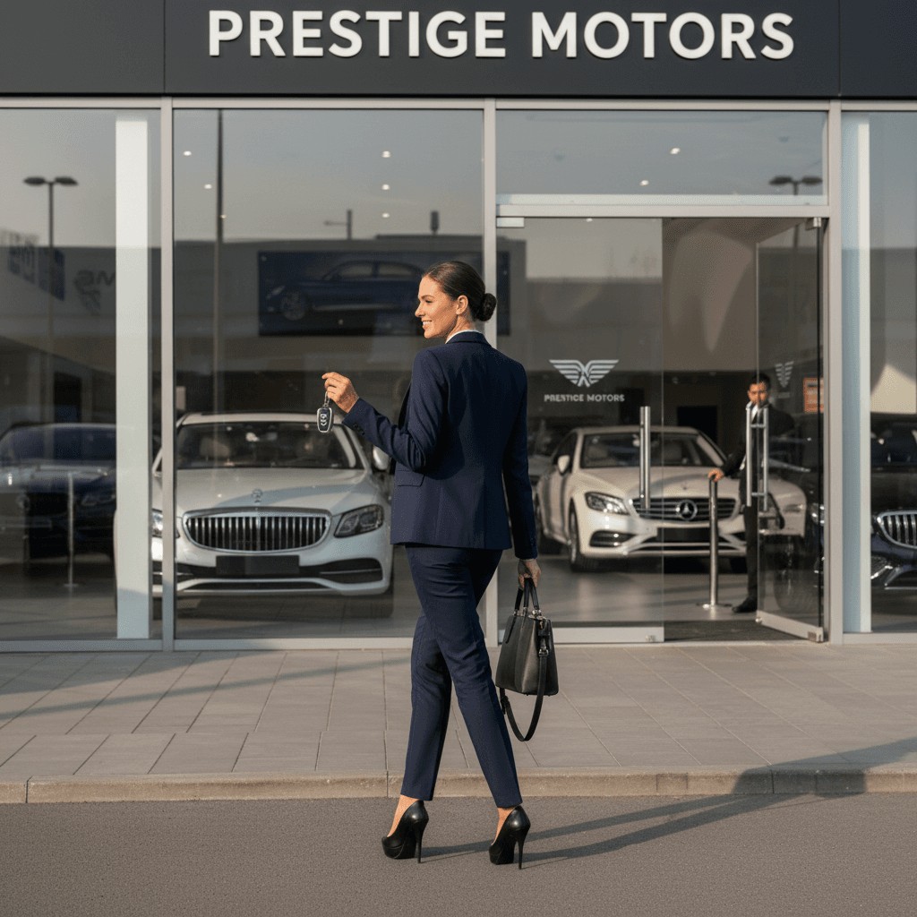 Professional woman in business attire walking away from car dealership confidently