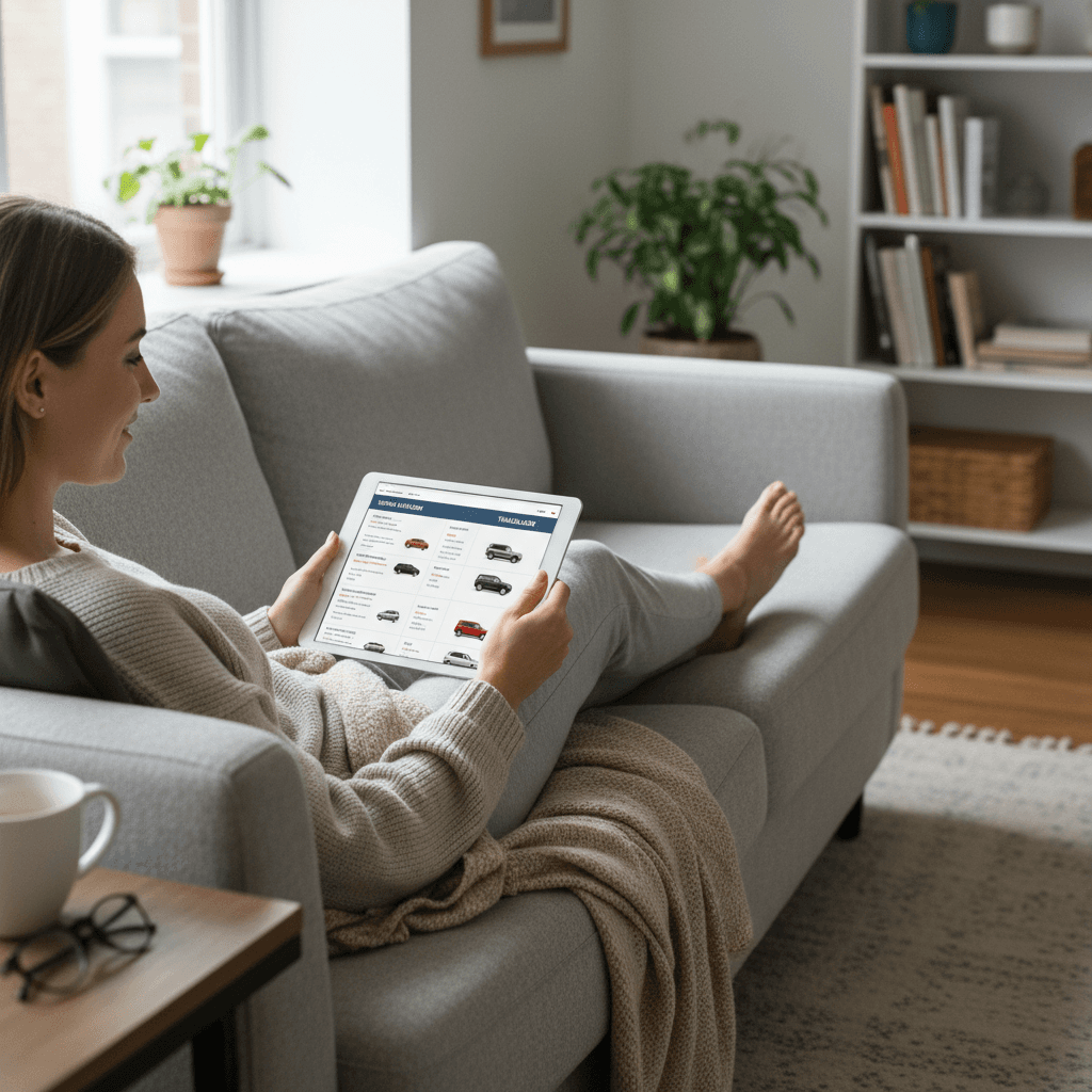Person comfortably comparing car details on a tablet at home