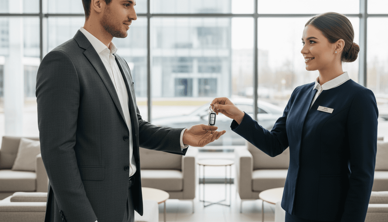 Car buying concierge handing over keys to a relaxed client