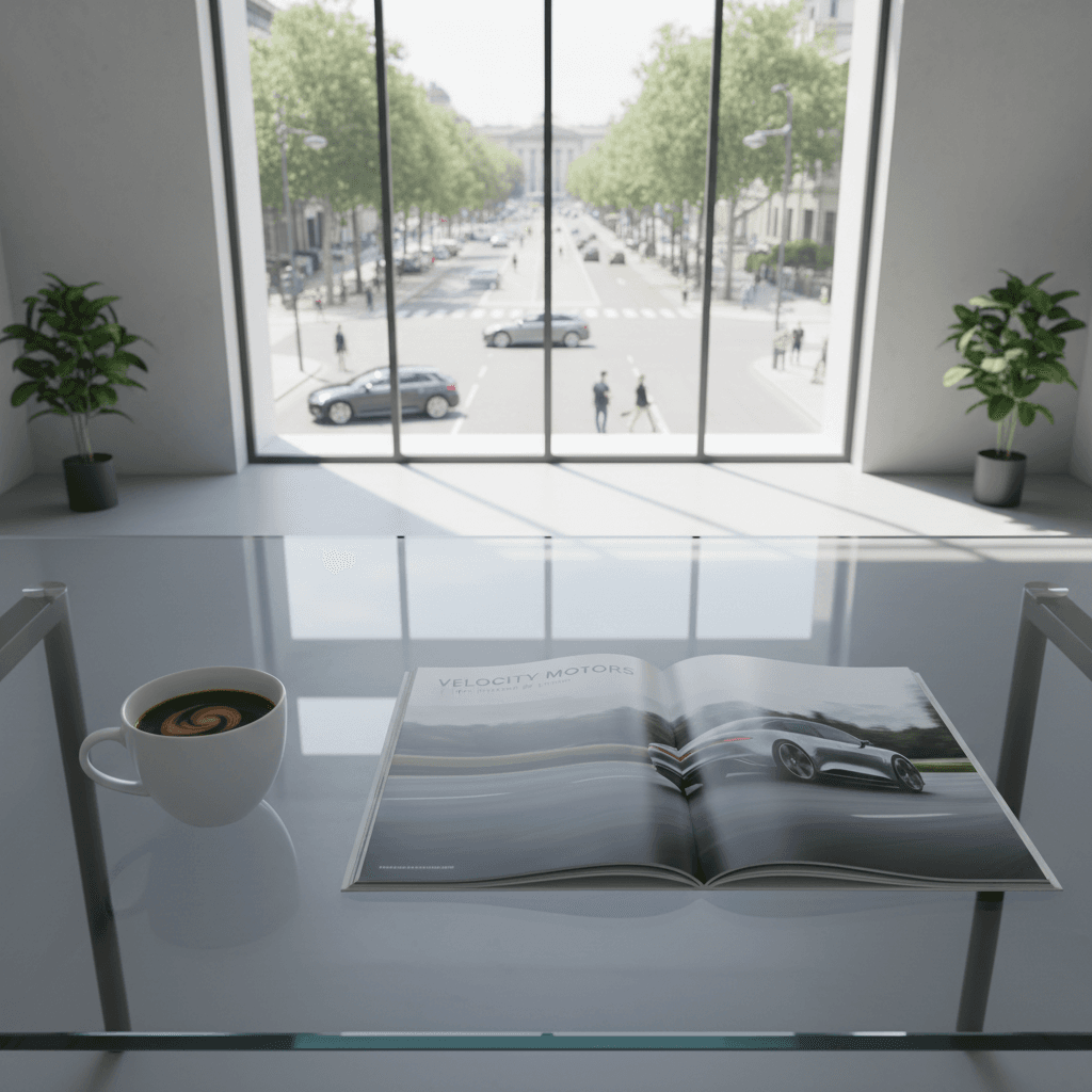 Coffee cup and car brochure on a small desk table