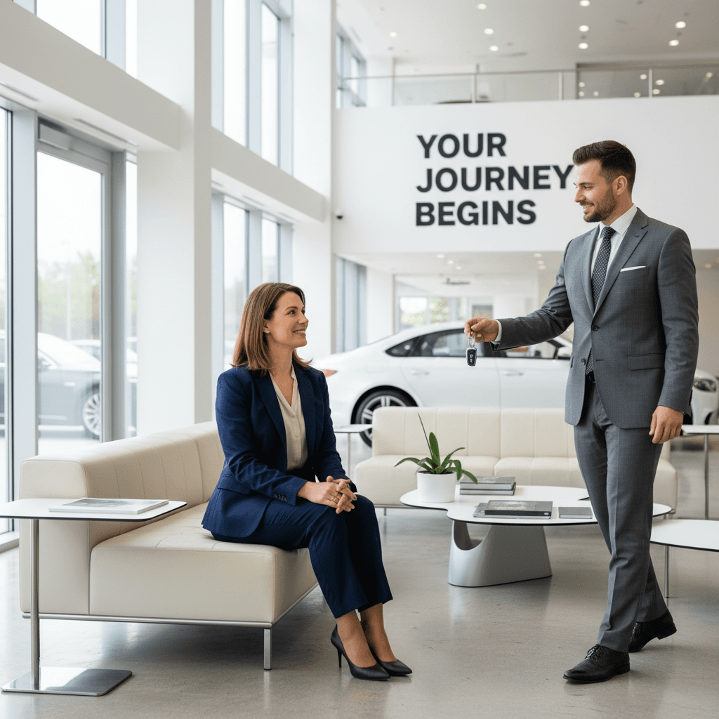 Person calmly waiting while consultant brings car keys