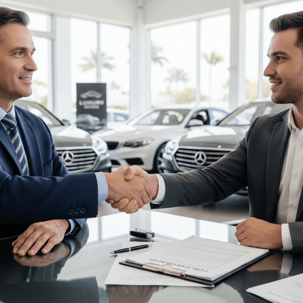 Handshake between buyer and dealer at car dealership with paperwork