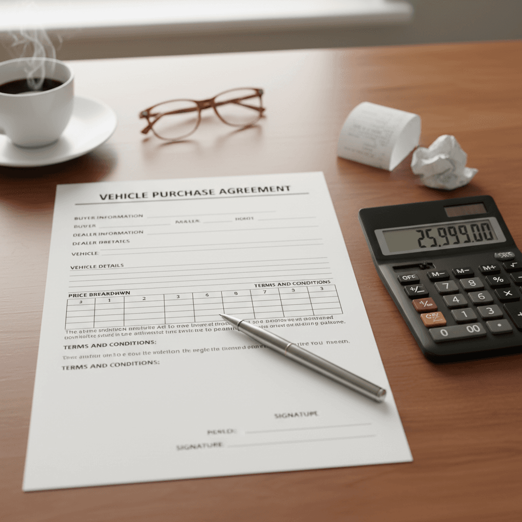 Car purchase agreement with pen and calculator on a desk
