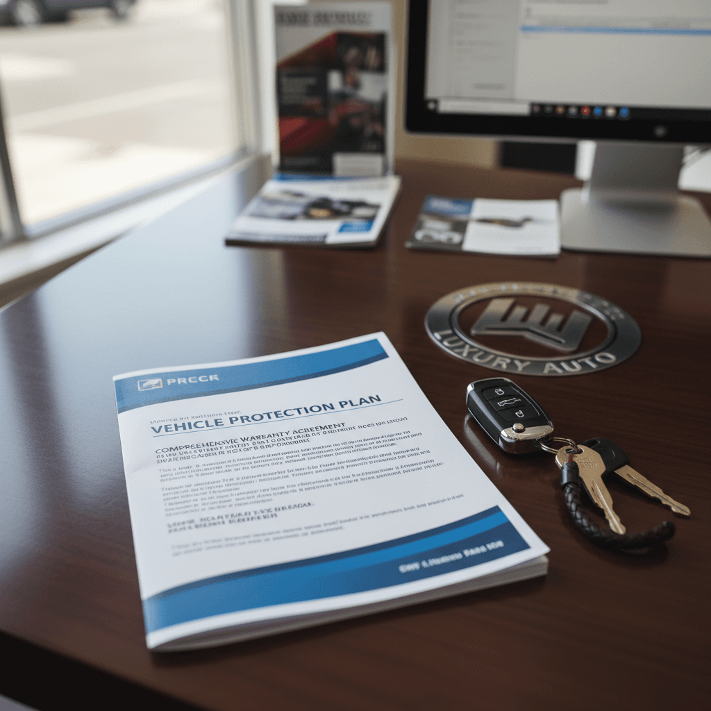 Car warranty document with keys on a dealership desk