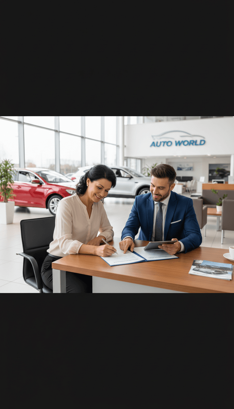 Customer signing car purchase paperwork at dealership