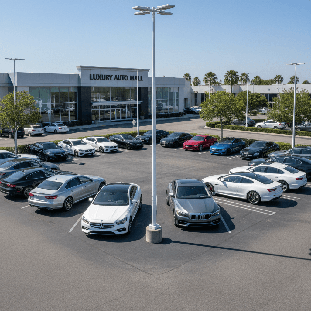 Rows of new cars on a dealership lot