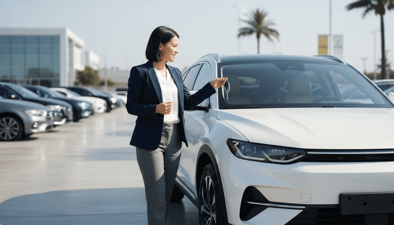 Professional woman standing beside a new SUV, ready to drive it home
