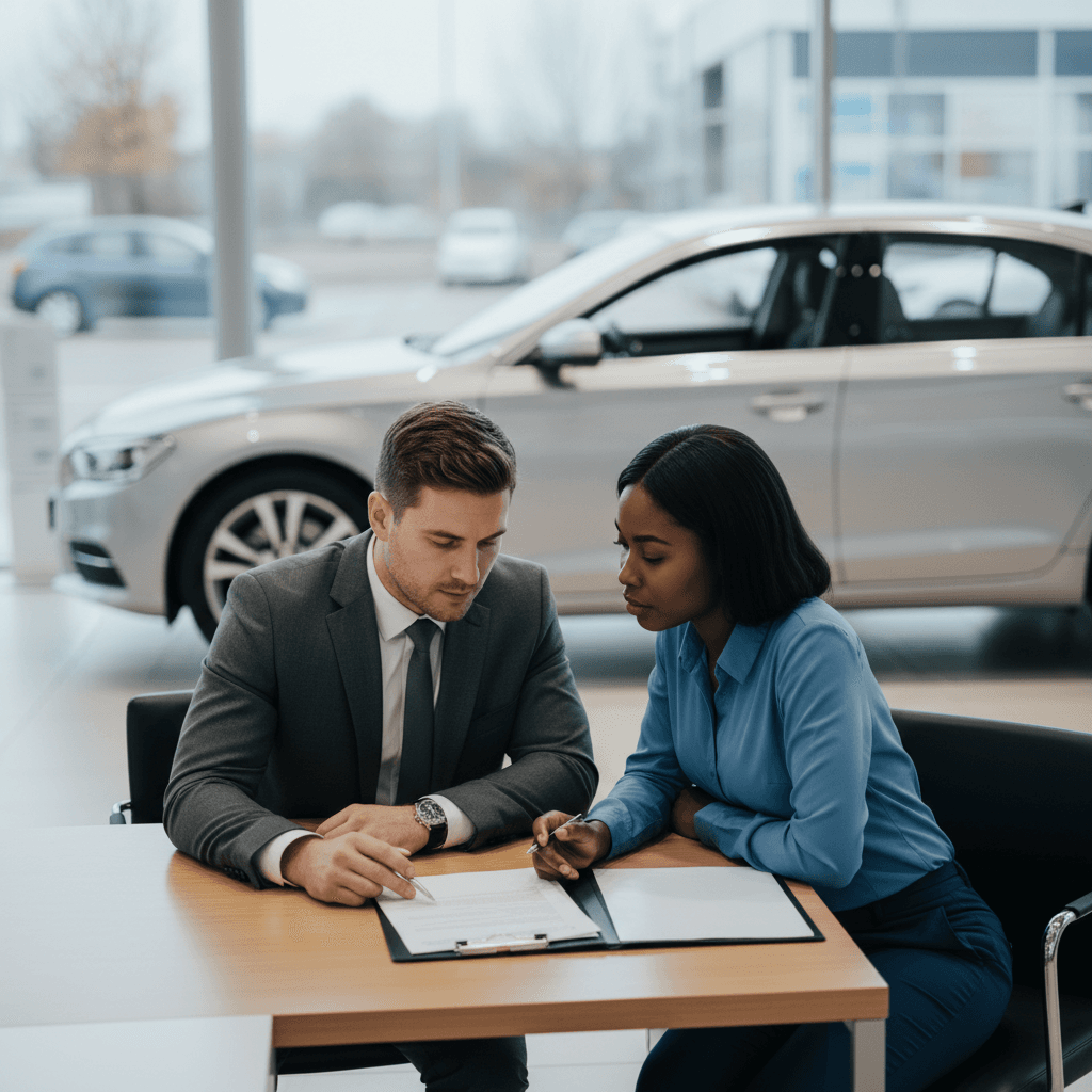 Consultant reviewing price paperwork with a client at a dealership