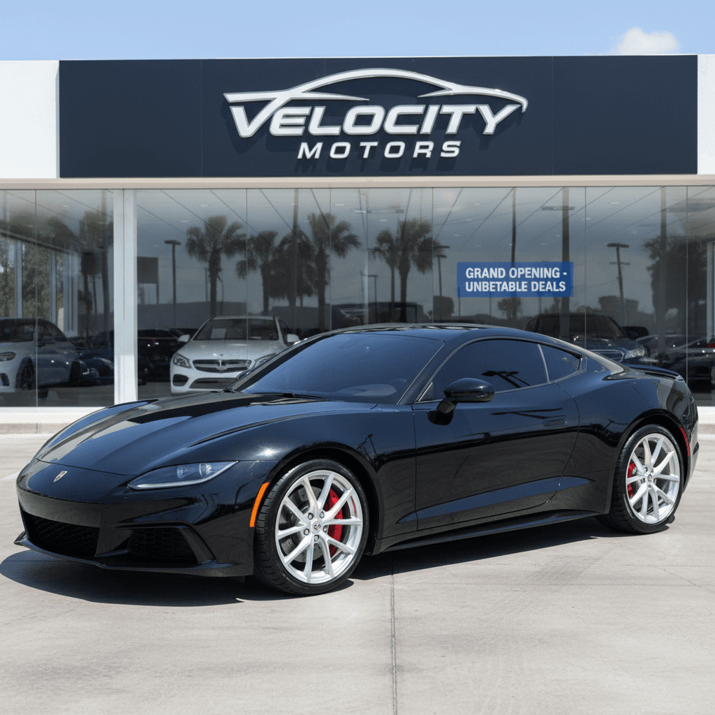 New car parked on dealership lot with clean paint and tinted windows