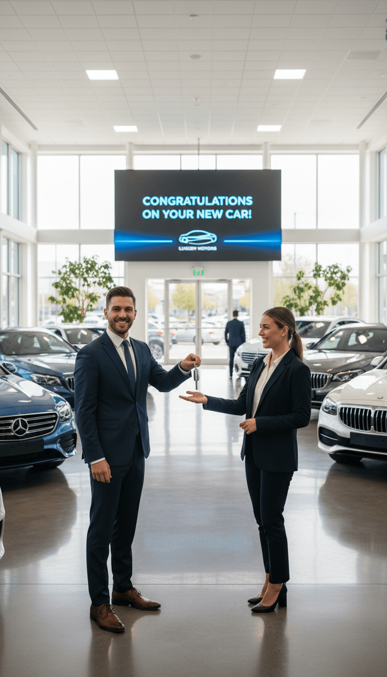 Happy customer receiving car keys from salesperson at dealership