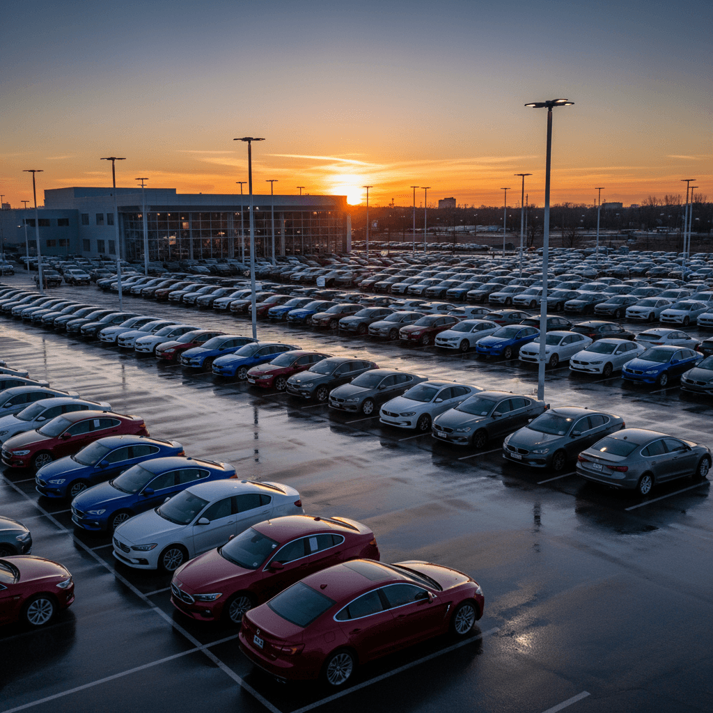 Wide view of dealer-only car inventory at dusk
