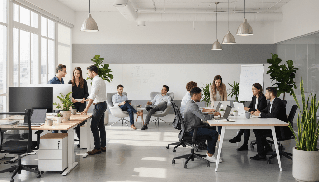 Diverse professionals collaborating at desks in a bright, modern open-plan office with natural window lighting