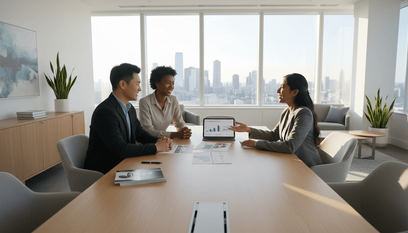 Car buyer reviewing paperwork with a concierge in a modern office setting
